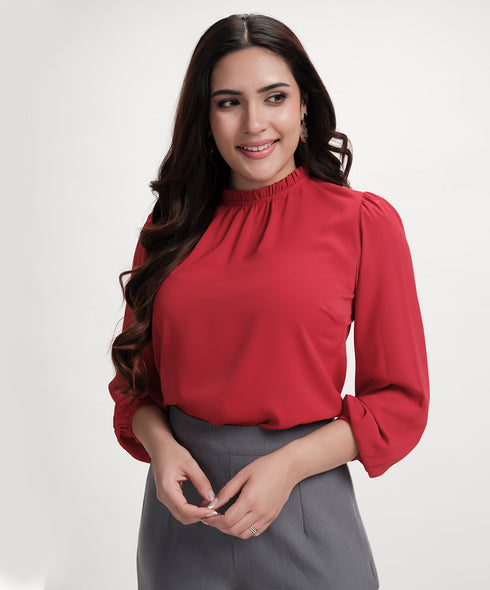 Chiffon Lantern Sleeve Detailed Neck Red Top